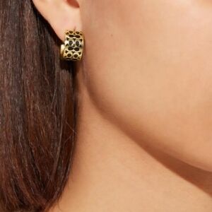COACH Enamel Signature Huggie Earrings With Iconic "C" Design Gold and Black NWT